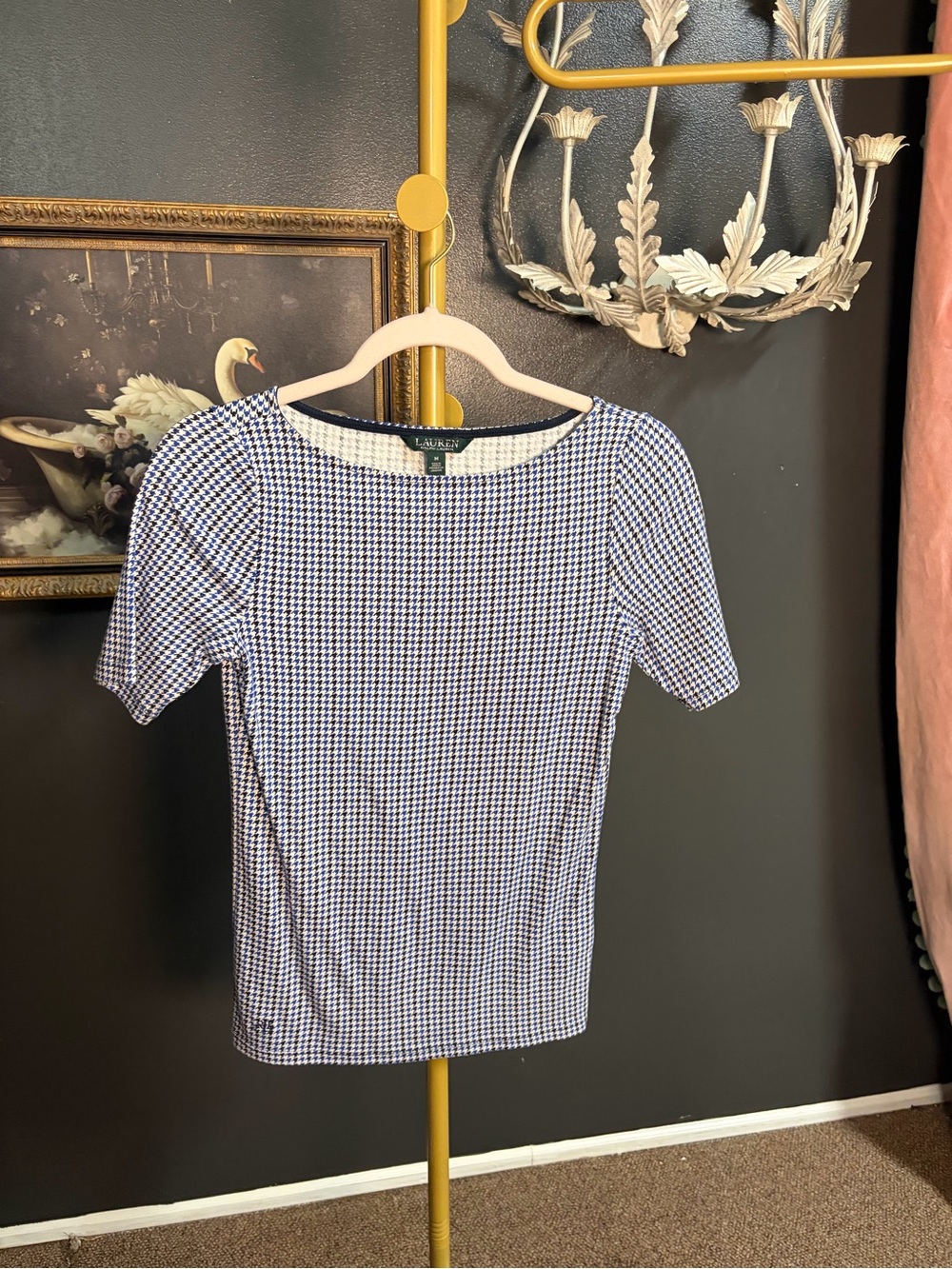 Lauren Ralph Lauren Navy and White Houndstooth Short-Sleeve Top